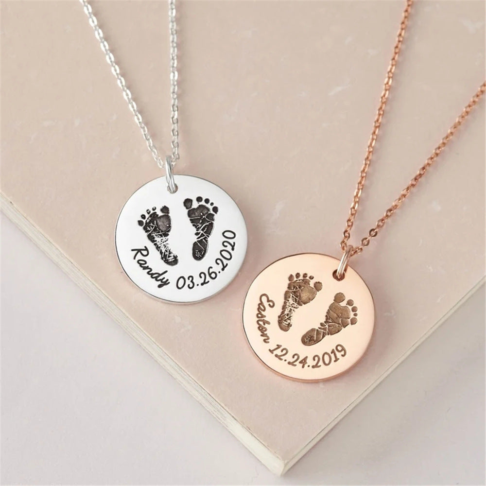 Baby Footprints Metal Necklace Name Birthday