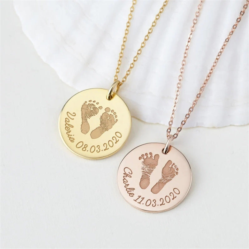 Baby Footprints Metal Necklace Name Birthday