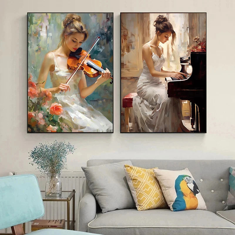 Vintage Elegant Woman Piano Violin Oil Painting Print on Canvas Music Art Figure Posters and Prints for Living Room Wall Decor