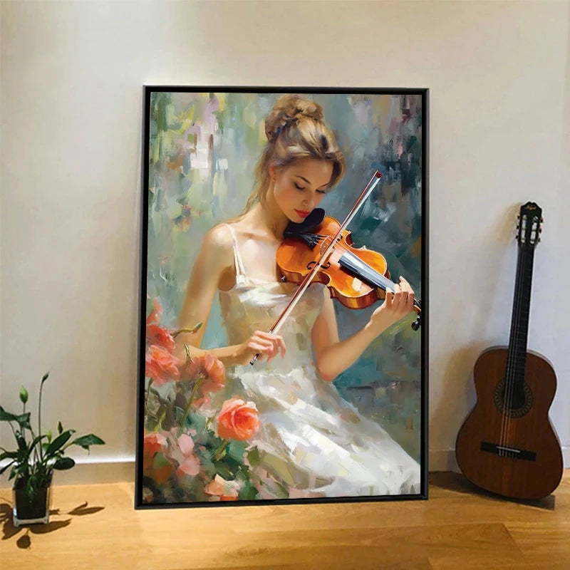 Vintage Elegant Woman Piano Violin Oil Painting Print on Canvas Music Art Figure Posters and Prints for Living Room Wall Decor
