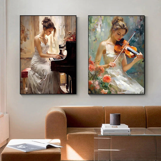 Vintage Elegant Woman Piano Violin Oil Painting Print on Canvas Music Art Figure Posters and Prints for Living Room Wall Decor