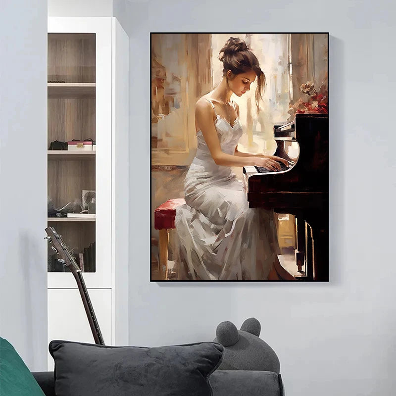 Vintage Elegant Woman Piano Violin Oil Painting Print on Canvas Music Art Figure Posters and Prints for Living Room Wall Decor