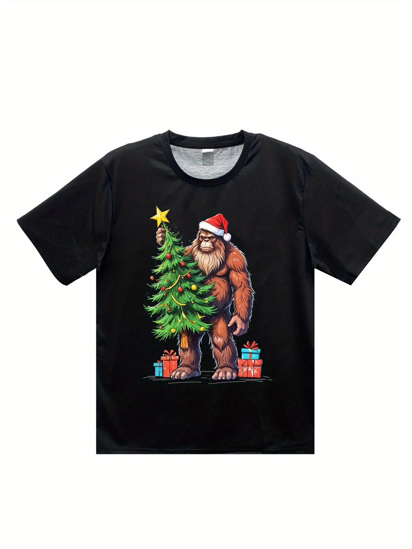 Men's Christmas Bigfoot 3D Printed T-shirt, Casual Round Neck Short Sleeve, Summer Polyester T-shirt, Fit Style, Adult Fashion, Outdoor Top