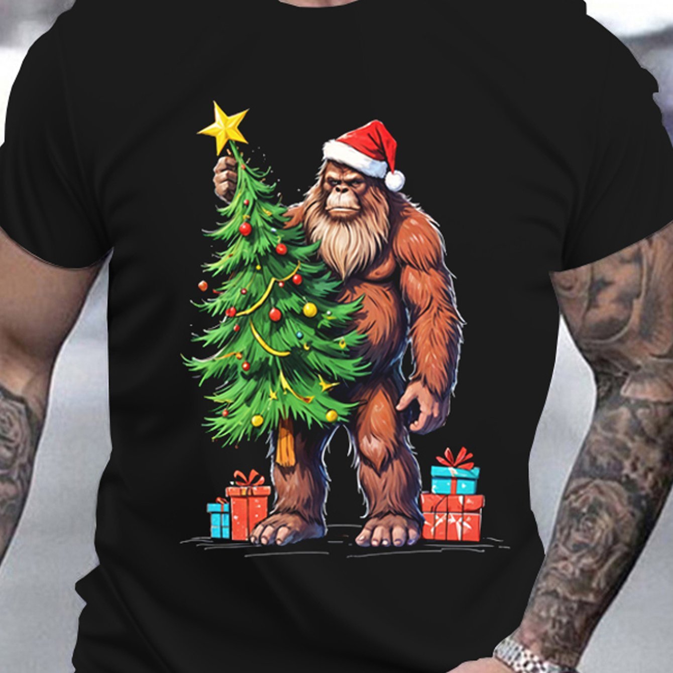 Men's Christmas Bigfoot 3D Printed T-shirt, Casual Round Neck Short Sleeve, Summer Polyester T-shirt, Fit Style, Adult Fashion, Outdoor Top